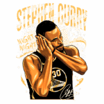 Ilustração do jogador Stephen Curry em ação, com a frase "Night Night" ao fundo, vestindo a camisa do Golden State Warriors. O design destaca a habilidade e o estilo icônico de Curry, simbolizando seus momentos de destaque na NBA.