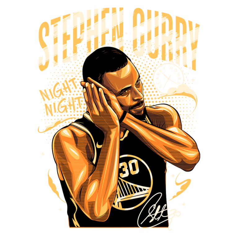 Ilustração do jogador Stephen Curry em ação, com a frase "Night Night" ao fundo, vestindo a camisa do Golden State Warriors. O design destaca a habilidade e o estilo icônico de Curry, simbolizando seus momentos de destaque na NBA.