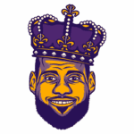 Ilustração de um homem negro sorridente usando uma coroa roxa com pérolas, simbolizando a realeza no basquete, representando um ícone do esporte.