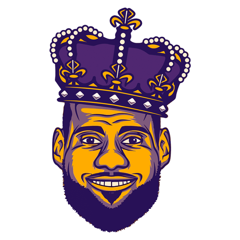 Ilustração de um homem negro sorridente usando uma coroa roxa com pérolas, simbolizando a realeza no basquete, representando um ícone do esporte.
