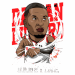 Ilustração do jogador de basquete Damian Lillard, com os braços cruzados em uma pose de confiança, com fundo destacado em cores vibrantes. Texto inclui "Damian Lillard" e "It's About Dame Time", reforçando sua marca pessoal e estilo no basquete. Ideal para produtos relacionados ao esporte e fandom.