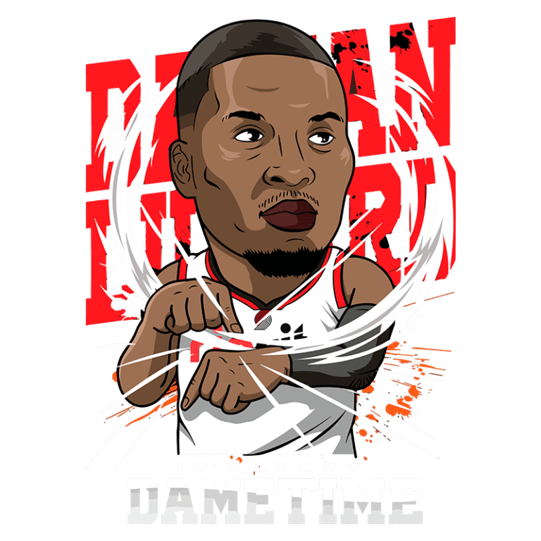 Ilustração do jogador de basquete Damian Lillard, com os braços cruzados em uma pose de confiança, com fundo destacado em cores vibrantes. Texto inclui "Damian Lillard" e "It's About Dame Time", reforçando sua marca pessoal e estilo no basquete. Ideal para produtos relacionados ao esporte e fandom.