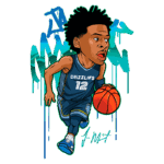 Ilustração de um jogador de basquete com a camisa do Memphis Grizzlies, número 12, driblando a bola em movimento dinâmico. O fundo apresenta um estilo moderno e artístico com tons vibrantes que destacam a ação do jogador.