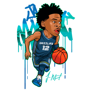 Ilustração de um jogador de basquete com a camisa do Memphis Grizzlies, número 12, driblando a bola em movimento dinâmico. O fundo apresenta um estilo moderno e artístico com tons vibrantes que destacam a ação do jogador.