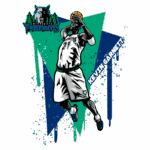 Ilustração do jogador de basquete Kevin Garnett, representando o Minnesota Timberwolves, em ação com a bola. O design apresenta cores vibrantes e elementos gráficos dinâmicos que destacam a energia do jogo.