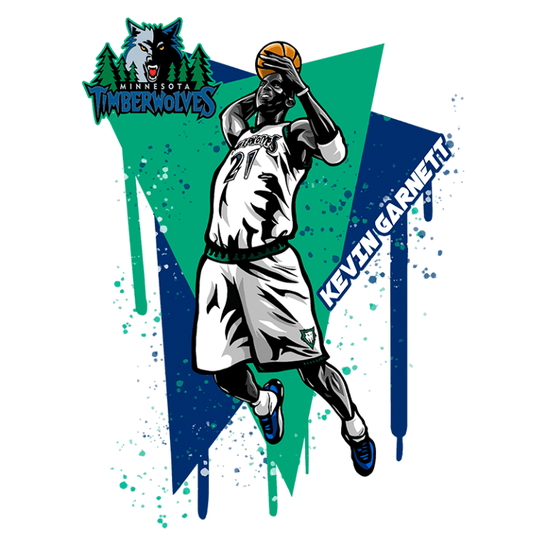 Ilustração do jogador de basquete Kevin Garnett, representando o Minnesota Timberwolves, em ação com a bola. O design apresenta cores vibrantes e elementos gráficos dinâmicos que destacam a energia do jogo.