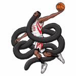 Ilustração de um jogador de basquete em ação, vestido com a camisa dos Houston Rockets, cercado por tentáculos. O atleta, com uma bola de basquete na mão, demonstra uma jogada impressionante, simbolizando agilidade e força no esporte. Fundo verde destaca a dinâmica da cena.