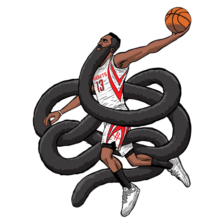 Ilustração de um jogador de basquete em ação, vestido com a camisa dos Houston Rockets, cercado por tentáculos. O atleta, com uma bola de basquete na mão, demonstra uma jogada impressionante, simbolizando agilidade e força no esporte. Fundo verde destaca a dinâmica da cena.