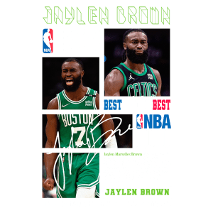 Jaylen Brown, jogador de basquete do Boston Celtics, destacado na NBA Playoffs, com fotos e assinatura. O design inclui informações sobre sua carreira e conquistas no basquete, enfatizando seu papel como um dos melhores jogadores da liga.
