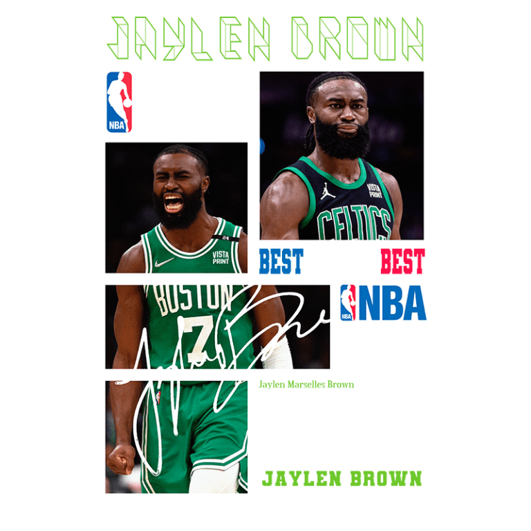 Jaylen Brown, jogador de basquete do Boston Celtics, destacado na NBA Playoffs, com fotos e assinatura. O design inclui informações sobre sua carreira e conquistas no basquete, enfatizando seu papel como um dos melhores jogadores da liga.