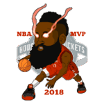 Ilustração animada de jogador de basquete com barba, destacando o título "NBA MVP 2018" e o logo da equipe Houston Rockets. O personagem dribla uma bola de basquete, com efeitos visuais que acentuam suas habilidades.