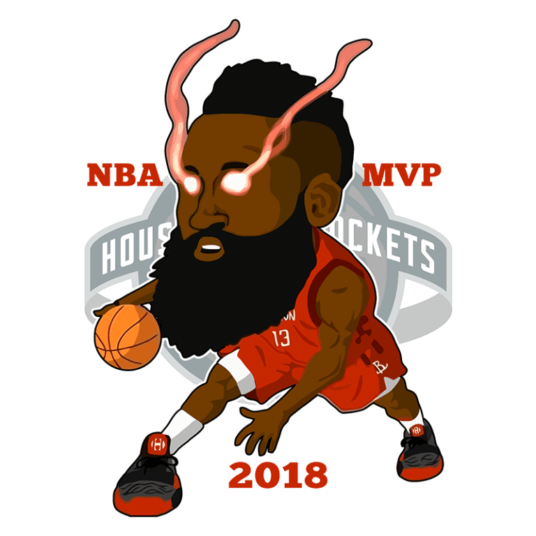 Ilustração animada de jogador de basquete com barba, destacando o título "NBA MVP 2018" e o logo da equipe Houston Rockets. O personagem dribla uma bola de basquete, com efeitos visuais que acentuam suas habilidades.