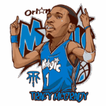 Ilustração de Tracy McGrady jogando pelo Orlando Magic, com camiseta azul e número 1, gesticulando enquanto celebra. Fundo apresenta o logotipo do time e elementos gráficos relacionados ao basquete.