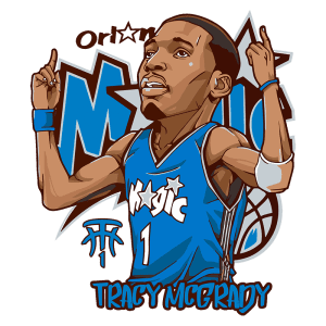 Ilustração de Tracy McGrady jogando pelo Orlando Magic, com camiseta azul e número 1, gesticulando enquanto celebra. Fundo apresenta o logotipo do time e elementos gráficos relacionados ao basquete.