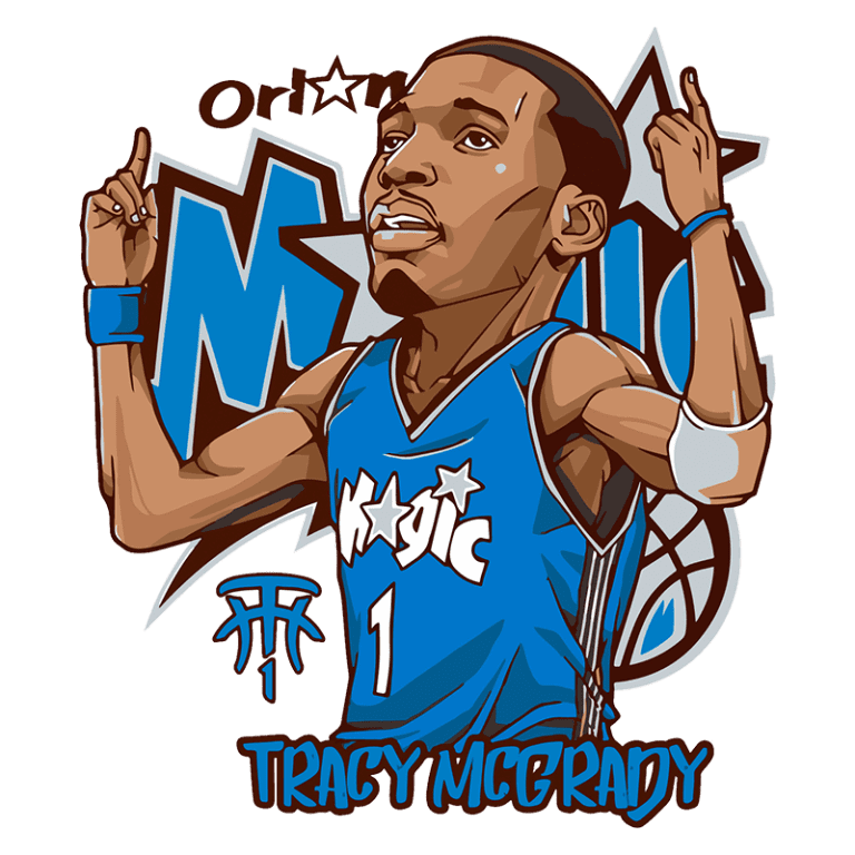 Ilustração de Tracy McGrady jogando pelo Orlando Magic, com camiseta azul e número 1, gesticulando enquanto celebra. Fundo apresenta o logotipo do time e elementos gráficos relacionados ao basquete.