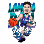 Ilustração de jogador de basquete em estilo cartoon, driblando com a bola, vestindo a camisa do Charlotte Hornets, número 2. O fundo apresenta elementos gráficos vibrantes relacionados ao basquete.