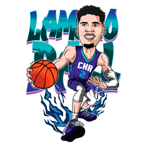 Ilustração de jogador de basquete em estilo cartoon, driblando com a bola, vestindo a camisa do Charlotte Hornets, número 2. O fundo apresenta elementos gráficos vibrantes relacionados ao basquete.