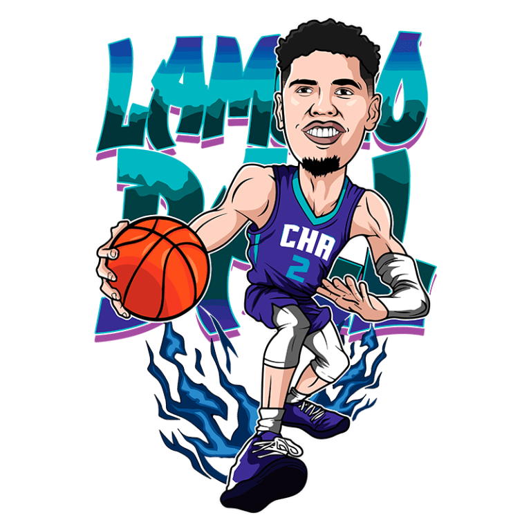 Ilustração de jogador de basquete em estilo cartoon, driblando com a bola, vestindo a camisa do Charlotte Hornets, número 2. O fundo apresenta elementos gráficos vibrantes relacionados ao basquete.