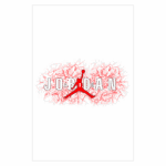 Logotipo da marca Jordan com a silhueta do jogador saltando, sobre um fundo vermelho texturizado e a palavra "JORDAN" em letras brancas.
