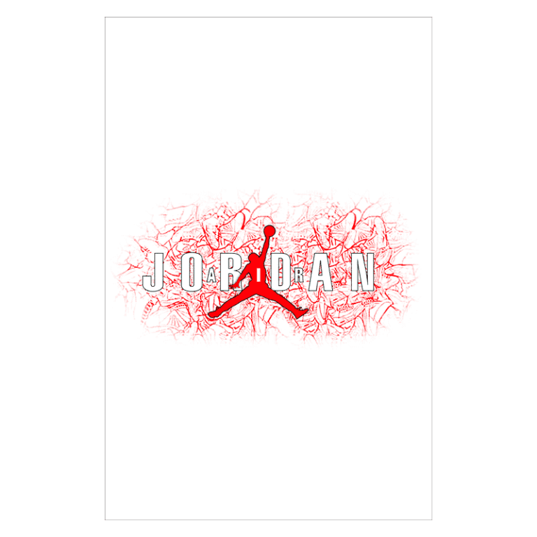 Logotipo da marca Jordan com a silhueta do jogador saltando, sobre um fundo vermelho texturizado e a palavra "JORDAN" em letras brancas.