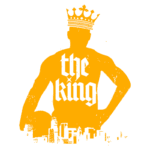 Silhueta de um jogador de basquete com a inscrição "the king" e uma coroa acima, em um fundo que representa a silhueta de uma cidade. Ideal para ilustrar temas relacionados a basquete e cultura pop.
