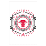 Logo do Chicago Bulls em estilo gráfico, com o texto "Survival of the Quickest" e elementos da NBA, destacando as cores vermelha e preta. Ideal para fãs de basquete e moda esportiva.