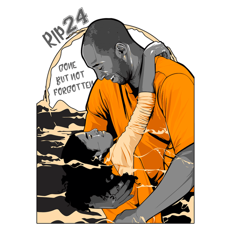 Ilustração em homenagem a Kobe Bryant, mostrando uma cena afetiva entre ele e sua filha. Texto “RIP 24” e “Gone but not forgotten” destaca a lembrança do legado do jogador. Estilo artístico moderno com cores contrastantes.