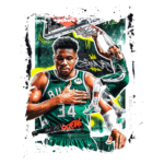 Ilustração do jogador de basquete Giannis Antetokounmpo, vestido com o uniforme do Milwaukee Bucks. A imagem destaca его em uma pose celebratória, ao lado de uma representação dele enterrando a bola na cesta. O fundo apresenta elementos gráficos vibrantes e arte de rua, refletindo a energia do esporte.