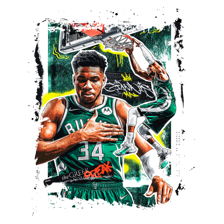 Ilustração do jogador de basquete Giannis Antetokounmpo, vestido com o uniforme do Milwaukee Bucks. A imagem destaca его em uma pose celebratória, ao lado de uma representação dele enterrando a bola na cesta. O fundo apresenta elementos gráficos vibrantes e arte de rua, refletindo a energia do esporte.