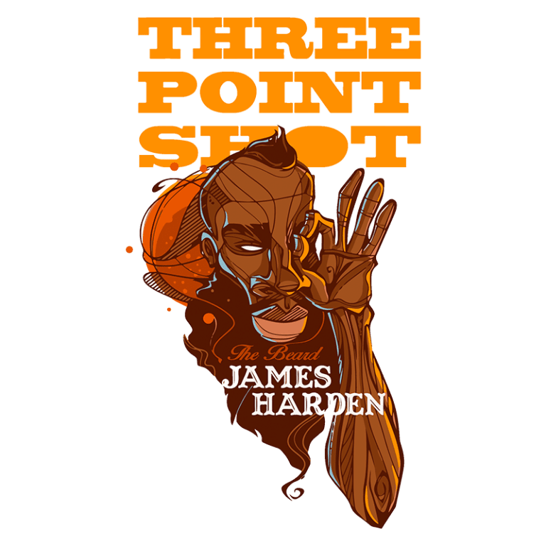 Ilustração do jogador de basquete James Harden, conhecido como "The Beard", fazendo um gesto de três pontos, com o texto "Three Point Shot" em destaque. Design colorido e estilizado que captura a essência do jogador e seu talento na NBA.