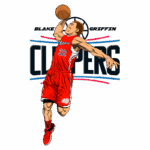 Ilustração de Blake Griffin jogando basquete, vestindo o uniforme dos Los Angeles Clippers, com destaque para o número 32. O fundo apresenta o logo da equipe.