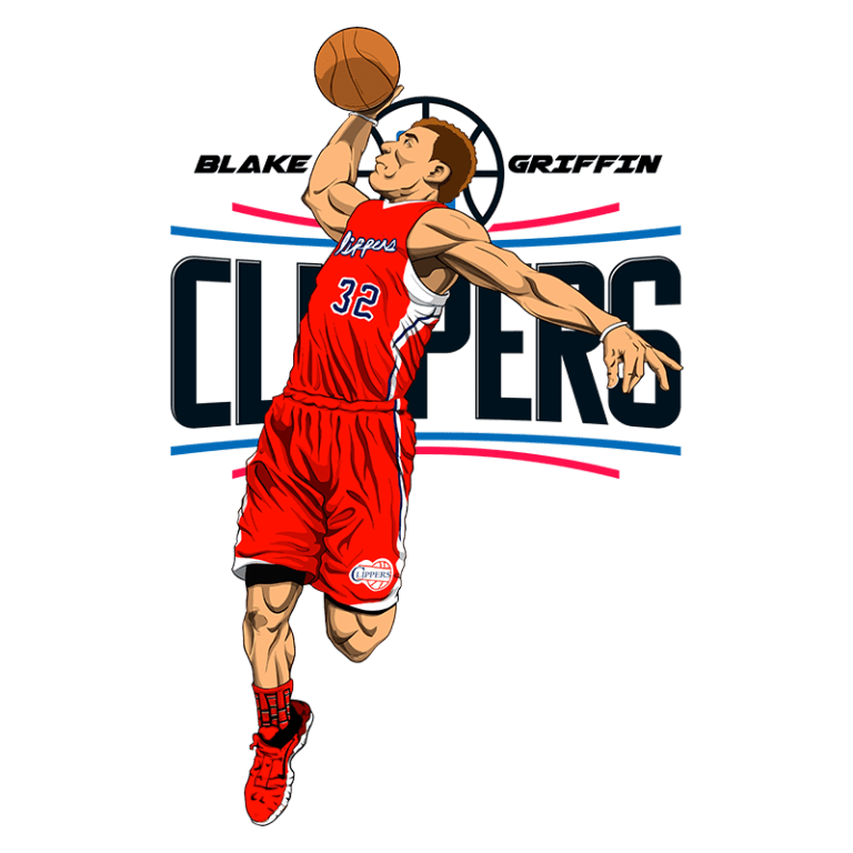 Ilustração de Blake Griffin jogando basquete, vestindo o uniforme dos Los Angeles Clippers, com destaque para o número 32. O fundo apresenta o logo da equipe.