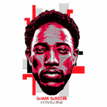 Ilustração de DeMar DeRozan, jogador de basquete da NBA, destacando sua quarta apparência no All-Star. O rosto é retratado em um estillo vibrante com elementos gráficos em vermelho e preto.