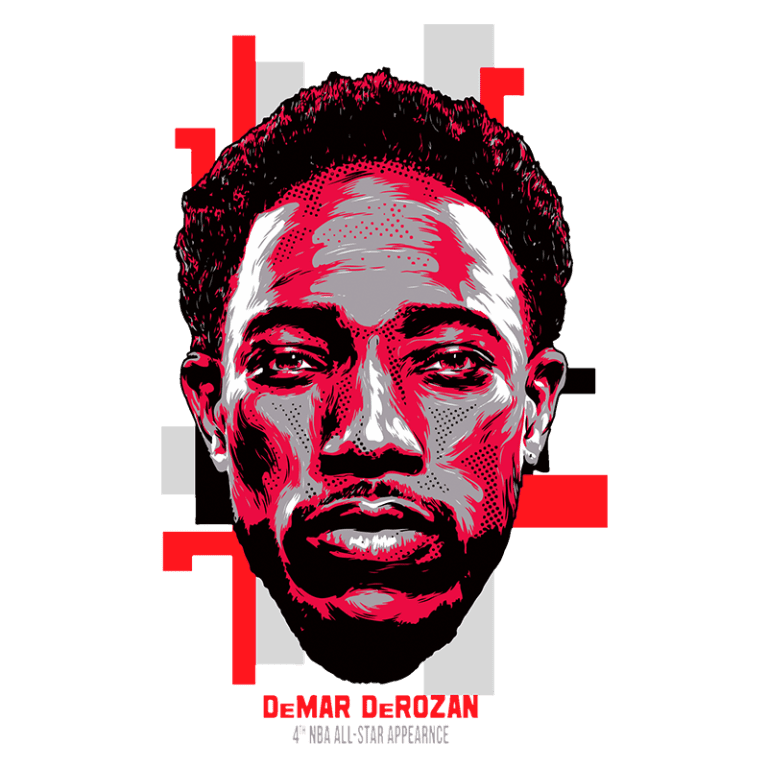 Ilustração de DeMar DeRozan, jogador de basquete da NBA, destacando sua quarta apparência no All-Star. O rosto é retratado em um estillo vibrante com elementos gráficos em vermelho e preto.