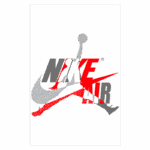 Logotipo estilizado da Nike Air, combinando elementos da marca Nike com a silhueta do famoso jogador de basquete Michael Jordan, apresentando cores vermelha, branca e cinza. Ideal para produtos relacionados a moda esportiva e estilo urbano.