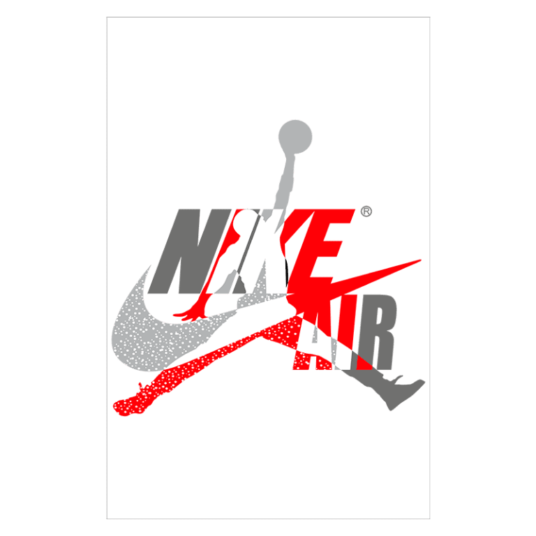 Logotipo estilizado da Nike Air, combinando elementos da marca Nike com a silhueta do famoso jogador de basquete Michael Jordan, apresentando cores vermelha, branca e cinza. Ideal para produtos relacionados a moda esportiva e estilo urbano.