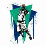 Jogador de basquete realizando um arremesso, vestido com uniforme branco e detalhes em verde, em um fundo estilizado com formas geométricas e respingos de tinta.