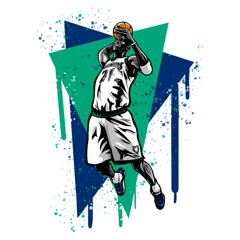 Jogador de basquete realizando um arremesso, vestido com uniforme branco e detalhes em verde, em um fundo estilizado com formas geométricas e respingos de tinta.