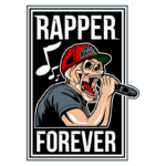 Imagem de um rapper esquelético usando um boné vermelho, cantando com um microfone, com notas musicais ao fundo. O texto "RAPPER FOREVER" está em destaque abaixo da figura, enfatizando a paixão pela música hip-hop.