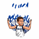 Ilustração de jogador de basquete comemorando, vestindo uniforme dos Dallas Mavericks, com a frase "Luka Magic" em destaque, simbolizando sua habilidade e estilo de jogo.
