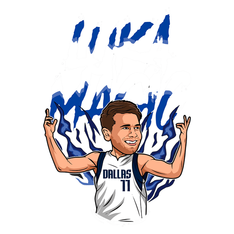 Ilustração de jogador de basquete comemorando, vestindo uniforme dos Dallas Mavericks, com a frase "Luka Magic" em destaque, simbolizando sua habilidade e estilo de jogo.