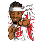 Ilustração do jogador de basquete Jimmy Butler, usando a camisa 22 do Miami Heat. Ele está sorrindo e apontando para o espectador, cercado por um fundo colorido com elementos gráficos.