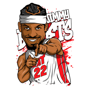 Ilustração do jogador de basquete Jimmy Butler, usando a camisa 22 do Miami Heat. Ele está sorrindo e apontando para o espectador, cercado por um fundo colorido com elementos gráficos.