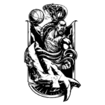 Ilustração estilizada de um jogador de basquete inspirado no Los Angeles Lakers, segurando uma bola, com uma cobra e uma caveira ao fundo, criando um efeito dinâmico e intenso.