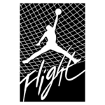 Silhueta de jogador de basquete em salto, agarrando uma bola, com fundo de rede e a palavra "Flight" em destaque. Ideal para representação de produtos relacionados ao basquete e à marca Air Jordan.