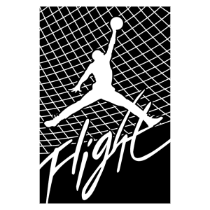 Silhueta de jogador de basquete em salto, agarrando uma bola, com fundo de rede e a palavra "Flight" em destaque. Ideal para representação de produtos relacionados ao basquete e à marca Air Jordan.