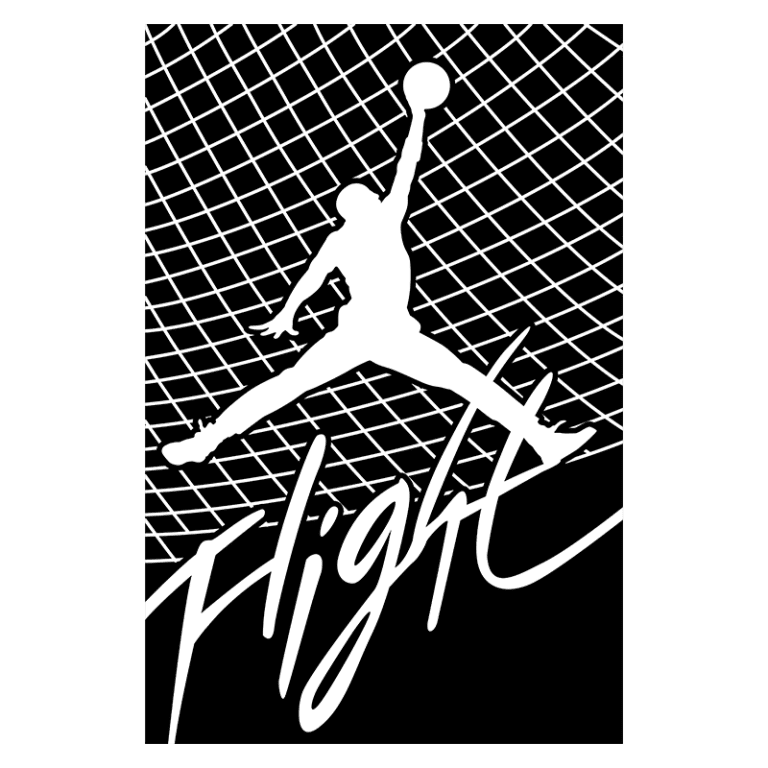 Silhueta de jogador de basquete em salto, agarrando uma bola, com fundo de rede e a palavra "Flight" em destaque. Ideal para representação de produtos relacionados ao basquete e à marca Air Jordan.