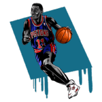Ilustração de jogador de basquete vestindo uniforme do Detroit Pistons, número 11, driblando com a bola em direção à cesta. Estilo vibrante com fundo azul.