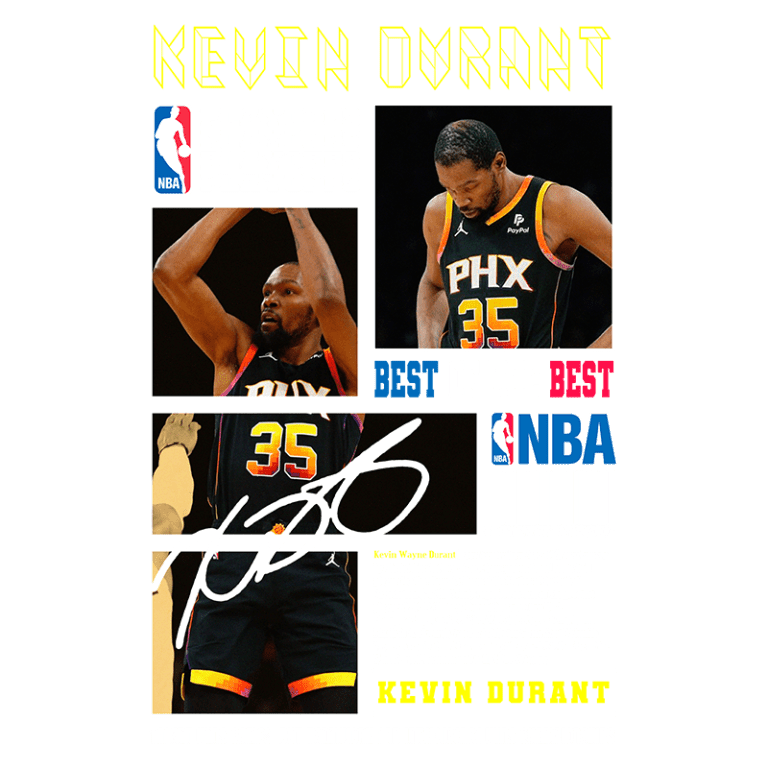 Imagem de Kevin Durant em ação, jogando pela equipe do Phoenix Suns, com o número 35 em seu uniforme. O design inclui elementos gráficos como a inscrição "Best of the Best" e detalhes sobre seus prêmios na NBA, incluindo o MVP. A imagem destaca sua performance nos playoffs e sua assinatura. Ideal para entusiastas do basquete e fãs de Durant.