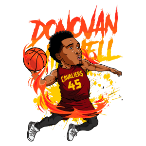 Ilustração de Donovan Mitchell vestindo a camisa dos Cavaliers, número 45, arremessando uma bola de basquete. O fundo apresenta cores vibrantes como laranja e amarelo, criando um efeito dinâmico.